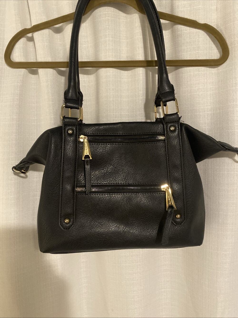 Shoulder Bag Black Faux Leather Silver Zippers 17” - Dolce Vita